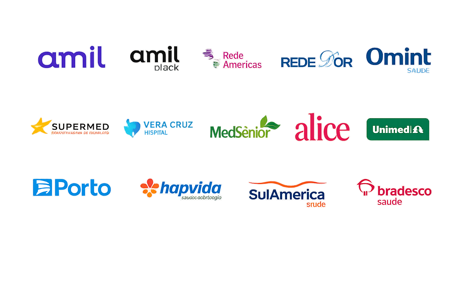 Logos das operadoras parceiras: Amil, Amil Black, Rede Américas, Rede D'Or, Omint, Supermed, Vera Cruz Hospital, MedSênior, Alice, Unimed, Porto, Hapvida, SulAmérica e Bradesco Saúde